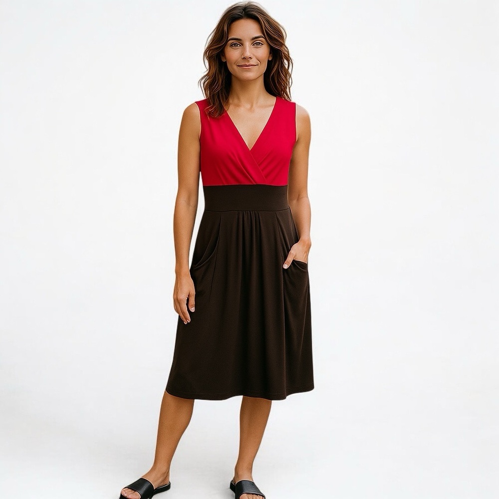 Bisou Bisou Womens 12 Colorblock Pink Brown Sleeveless Padded V Neck Midi Dress